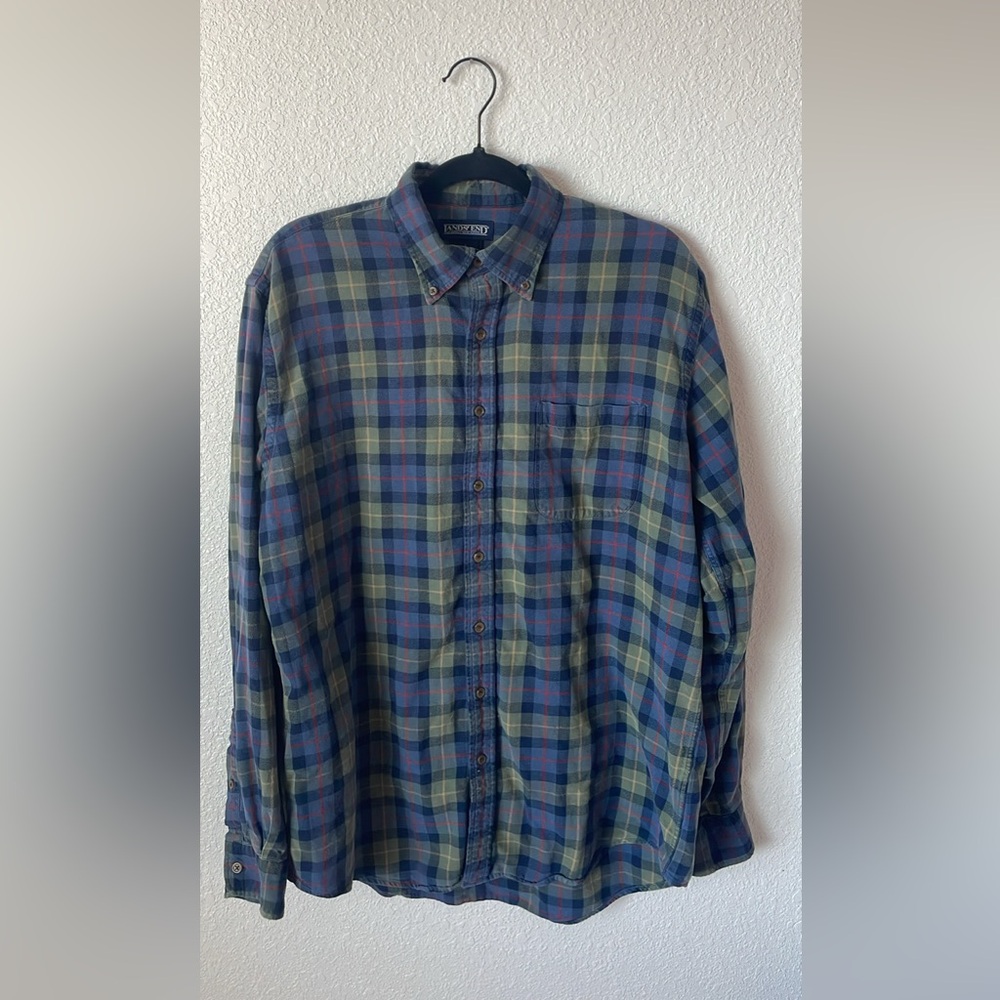 Vintage baggy Lands End Mens Flannel Shirt L 16-16.5 Reg Plaid 90s Label